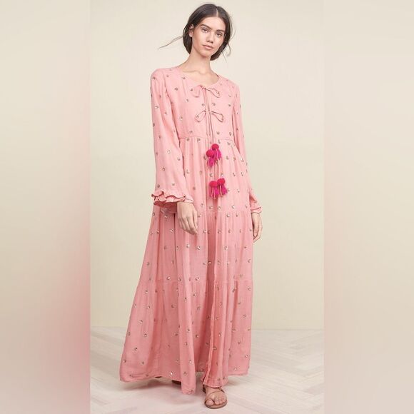 Sundress Neo Long Embellished Tiered Long Sleeve Maxi Dress in Coral size XS/S - Picture 1 of 15